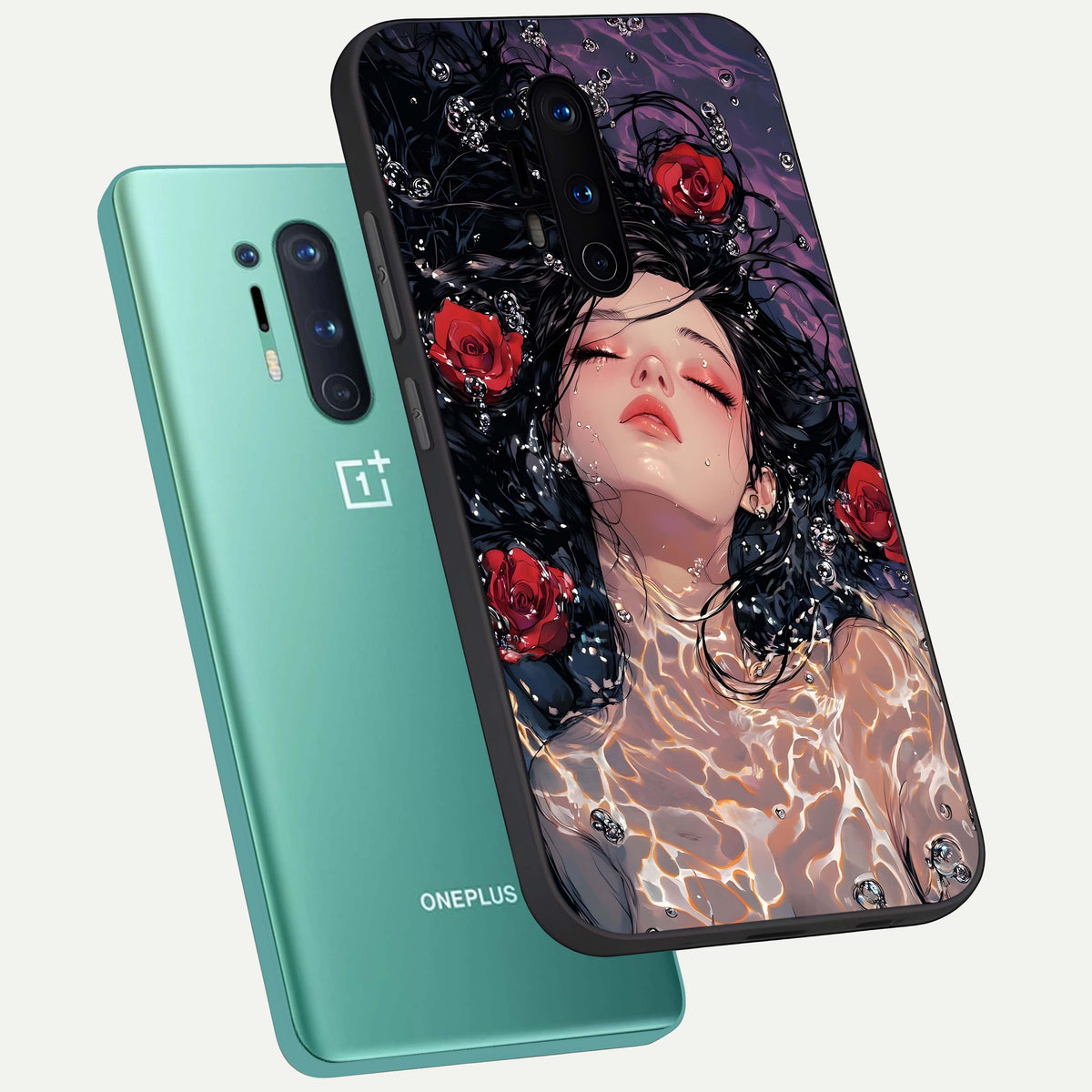  Crimson Rose Serenity phone case For OnePlus 8 Pro showing premium glass back cover with detailed artwork