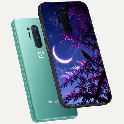  Crow And Moon Scenery phone case For OnePlus 8 Pro showing premium glass back cover with detailed artwork