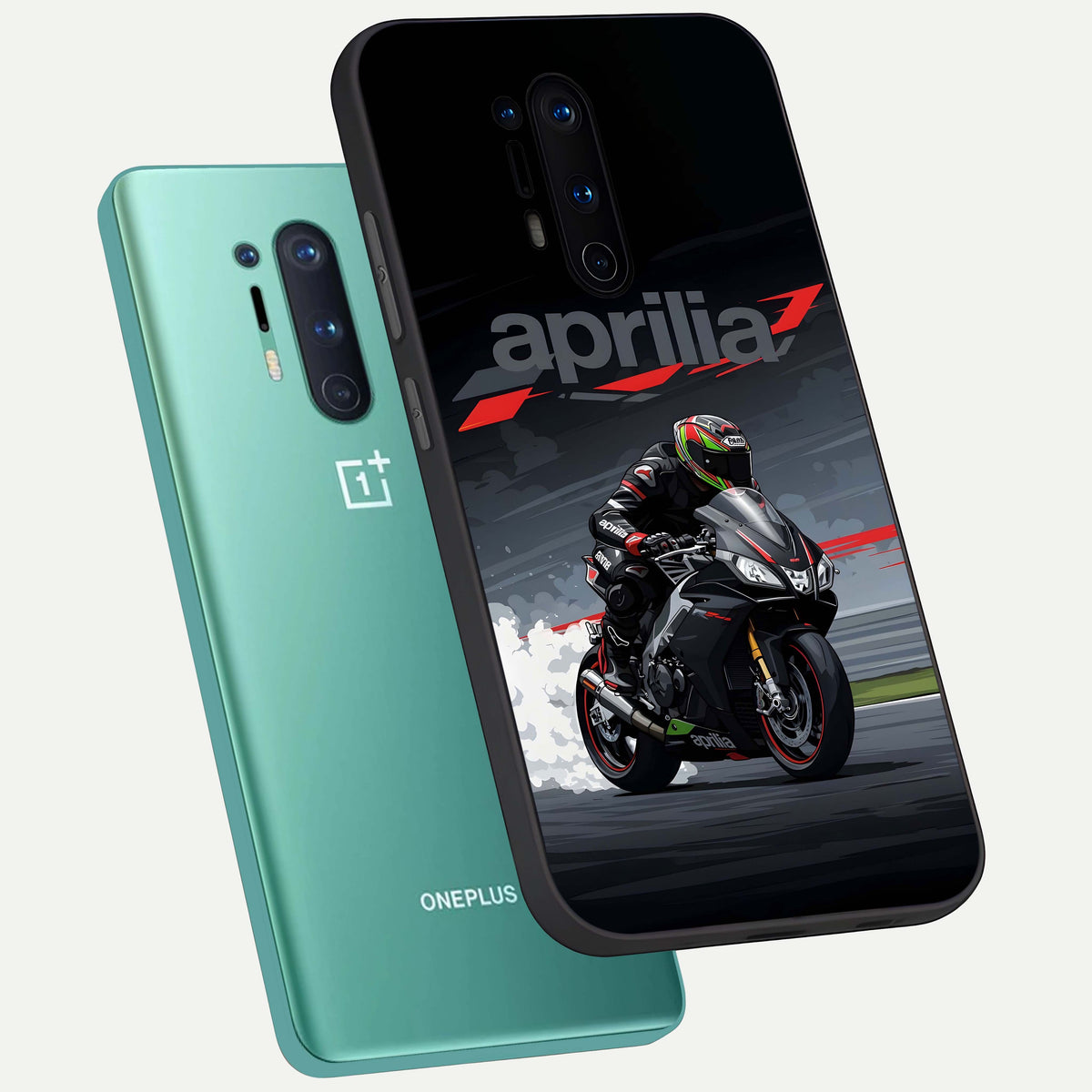  Dark Aprilla phone case For OnePlus 8 Pro showing premium glass back cover with detailed artwork
