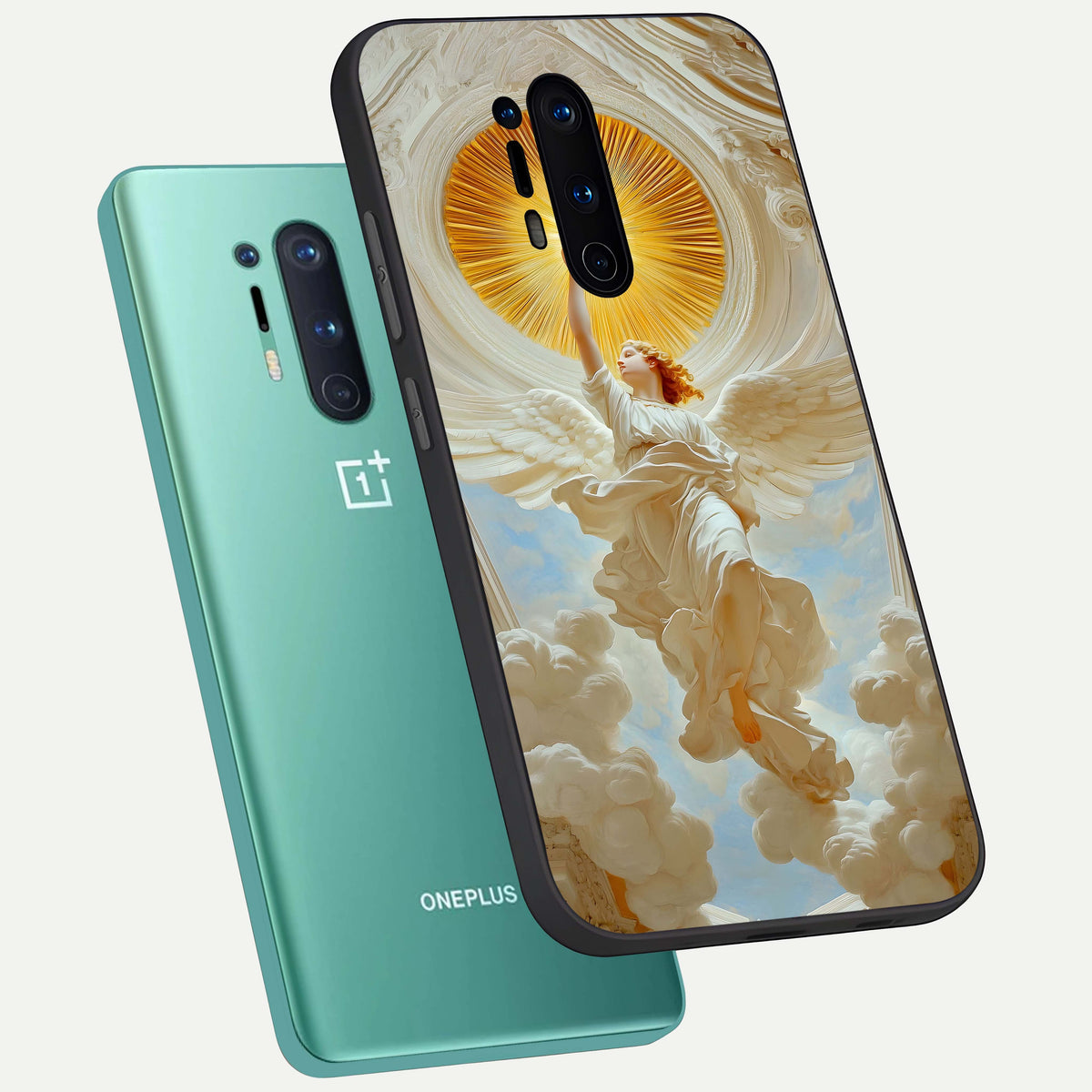  Divine Light Angel phone case For OnePlus 8 Pro showing premium glass back cover with detailed artwork