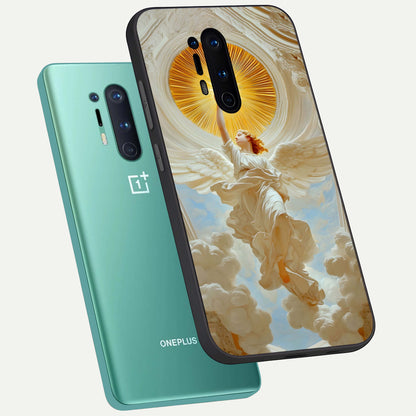  Divine Light Angel phone case For OnePlus 8 Pro showing premium glass back cover with detailed artwork
