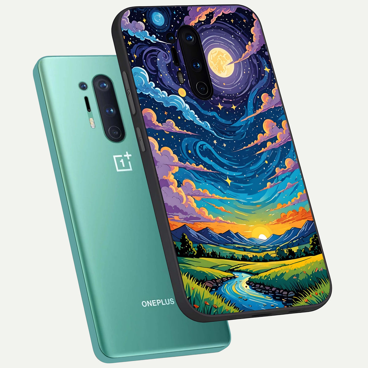  Dreamy Night Landscape phone case For OnePlus 8 Pro showing premium glass back cover with detailed artwork