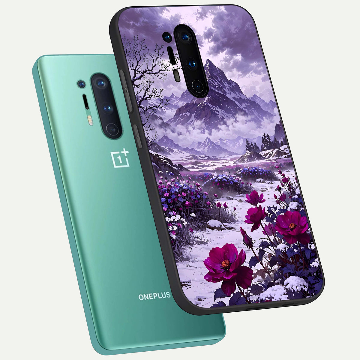  Flower Mountain View phone case For OnePlus 8 Pro showing premium glass back cover with detailed artwork