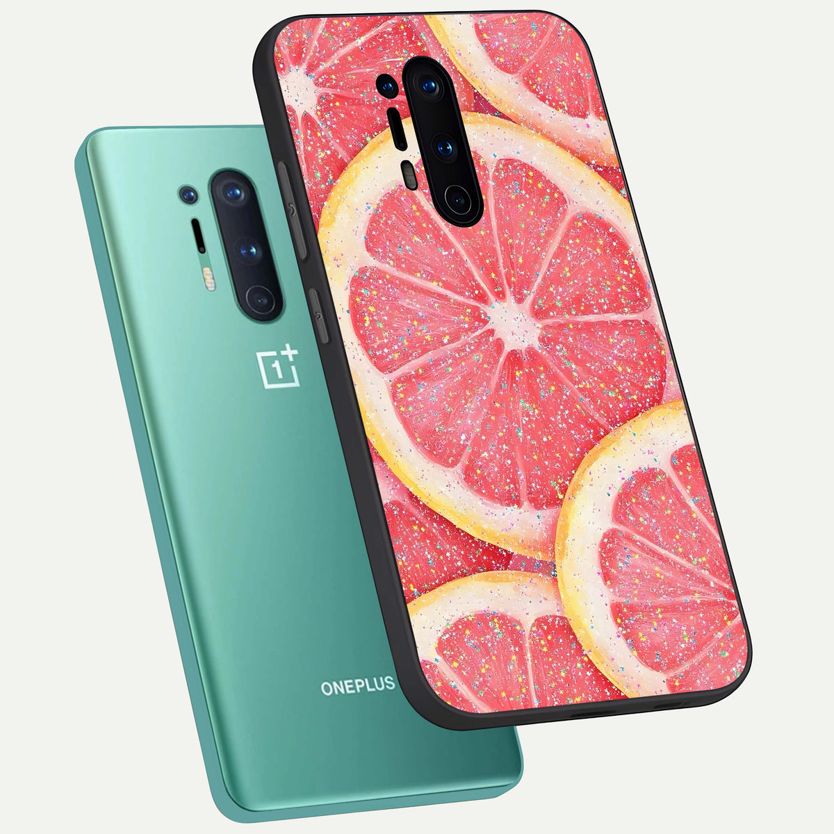  Glitter Grapefruit phone case For OnePlus 8 Pro showing premium glass back cover with detailed artwork