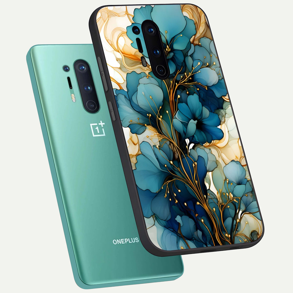  Golden Bloom Symphony phone case For OnePlus 8 Pro showing premium glass back cover with detailed artwork
