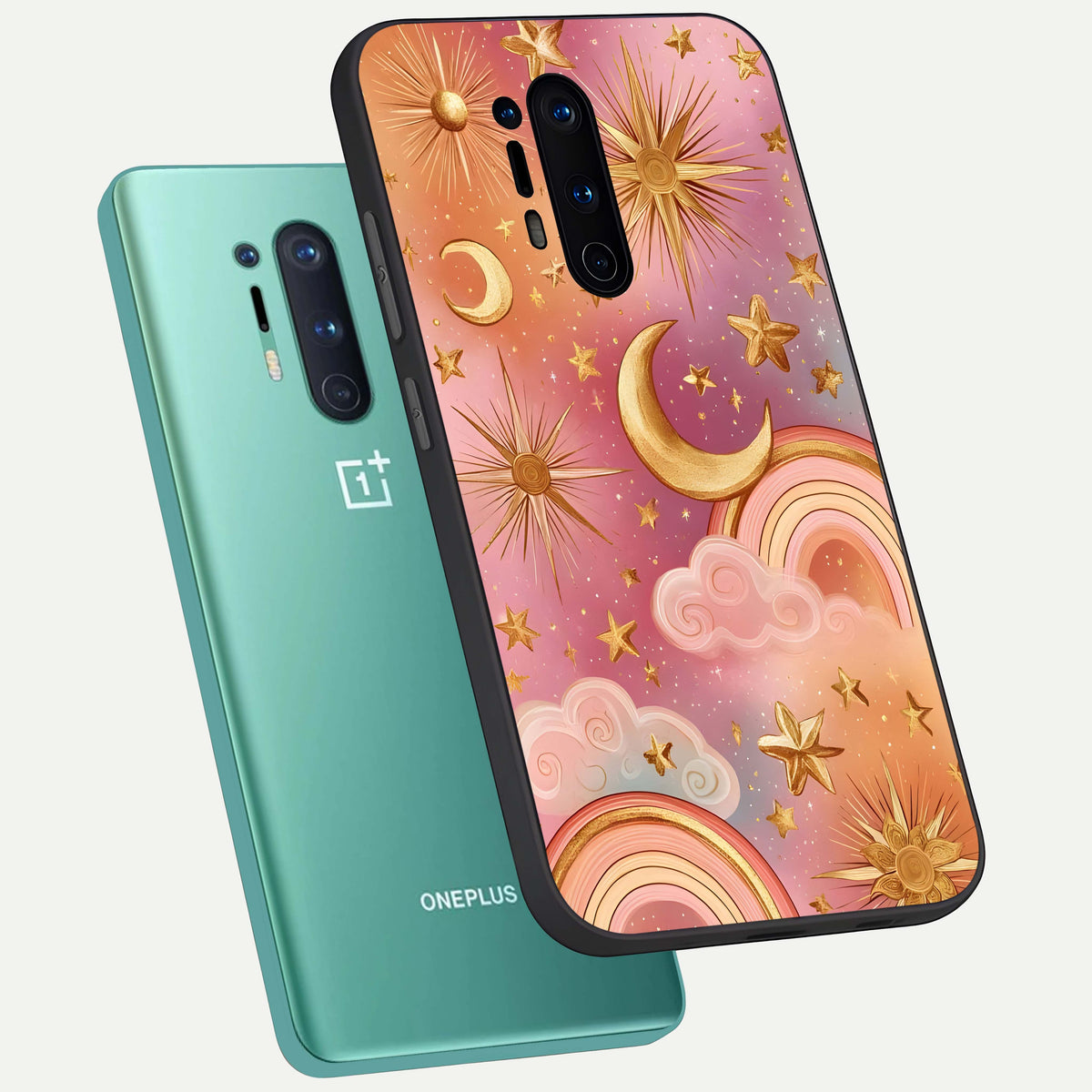  Golden Celestial Dreams phone case For OnePlus 8 Pro showing premium glass back cover with detailed artwork