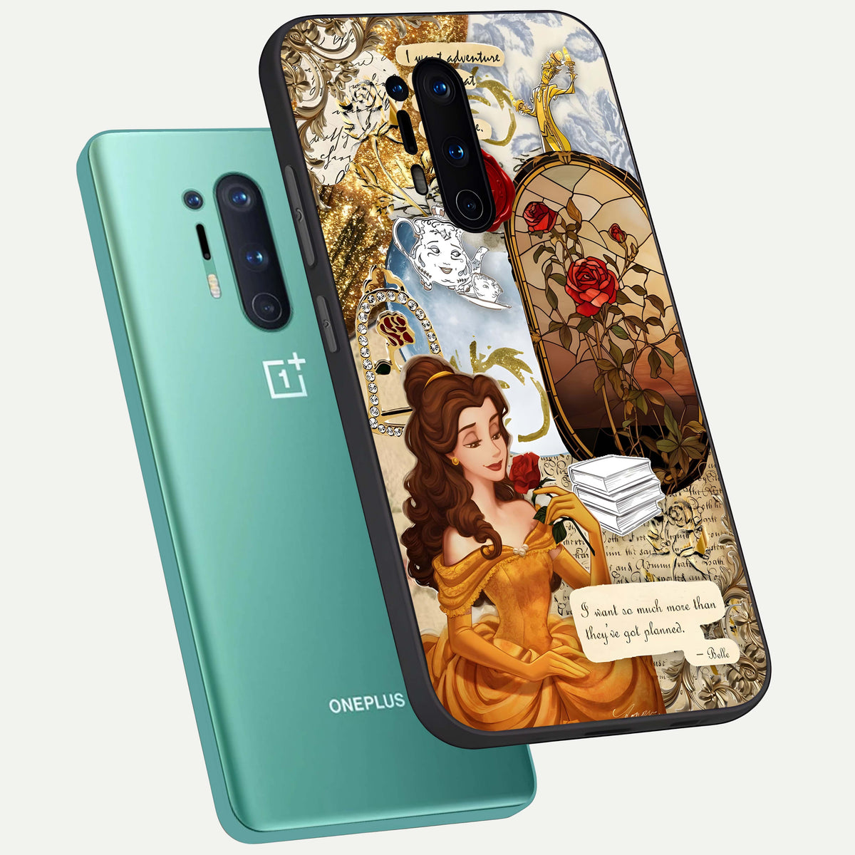  Golden Dream Belle phone case For OnePlus 8 Pro showing premium glass back cover with detailed artwork