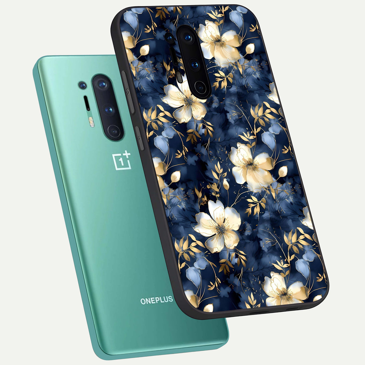  Golden Midnight Bloom phone case For OnePlus 8 Pro showing premium glass back cover with detailed artwork