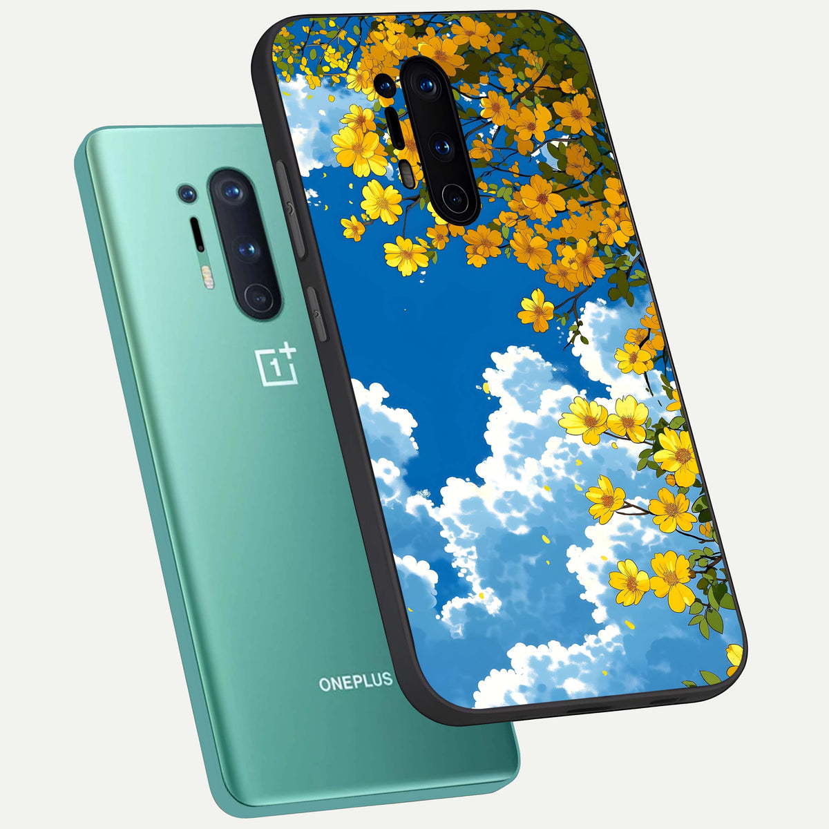  Golden Petal Sky phone case For OnePlus 8 Pro showing premium glass back cover with detailed artwork