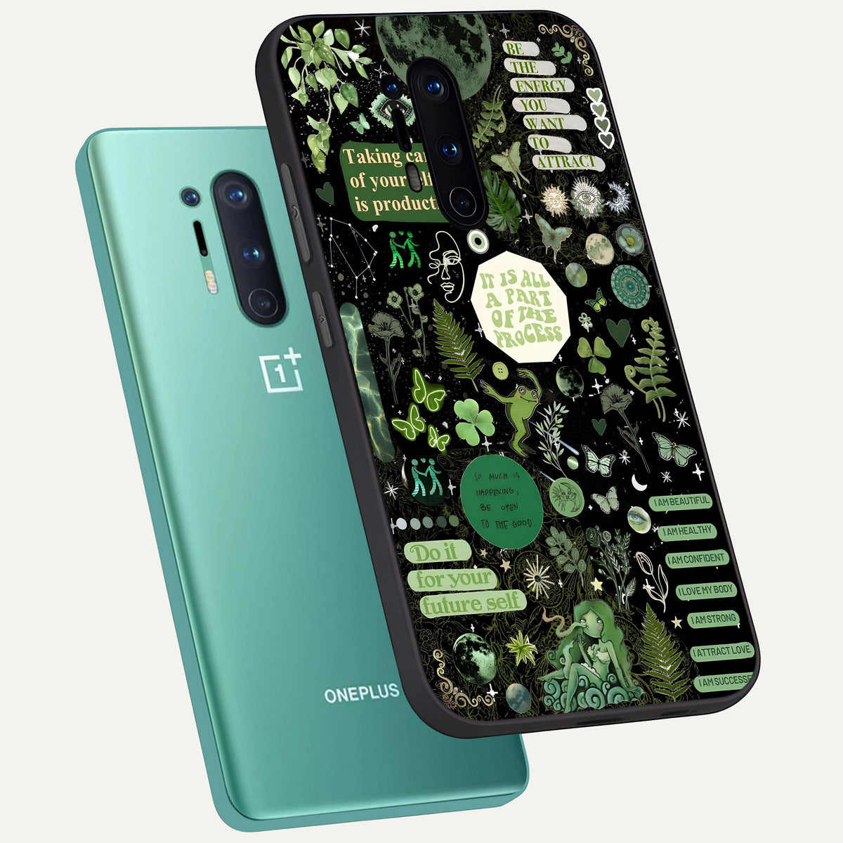  Green Mandala Pattern phone case For OnePlus 8 Pro showing premium glass back cover with detailed artwork