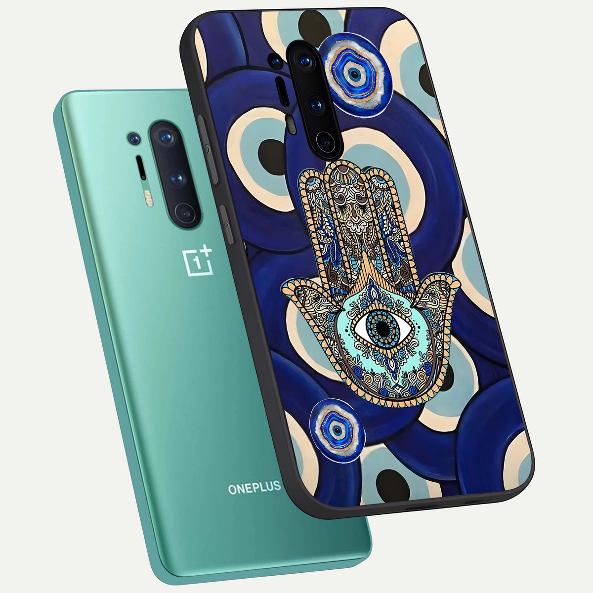  Hamsa Divine Guard phone case For OnePlus 8 Pro showing premium glass back cover with detailed artwork