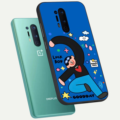  Happy Luck Vibe phone case For OnePlus 8 Pro showing premium glass back cover with detailed artwork