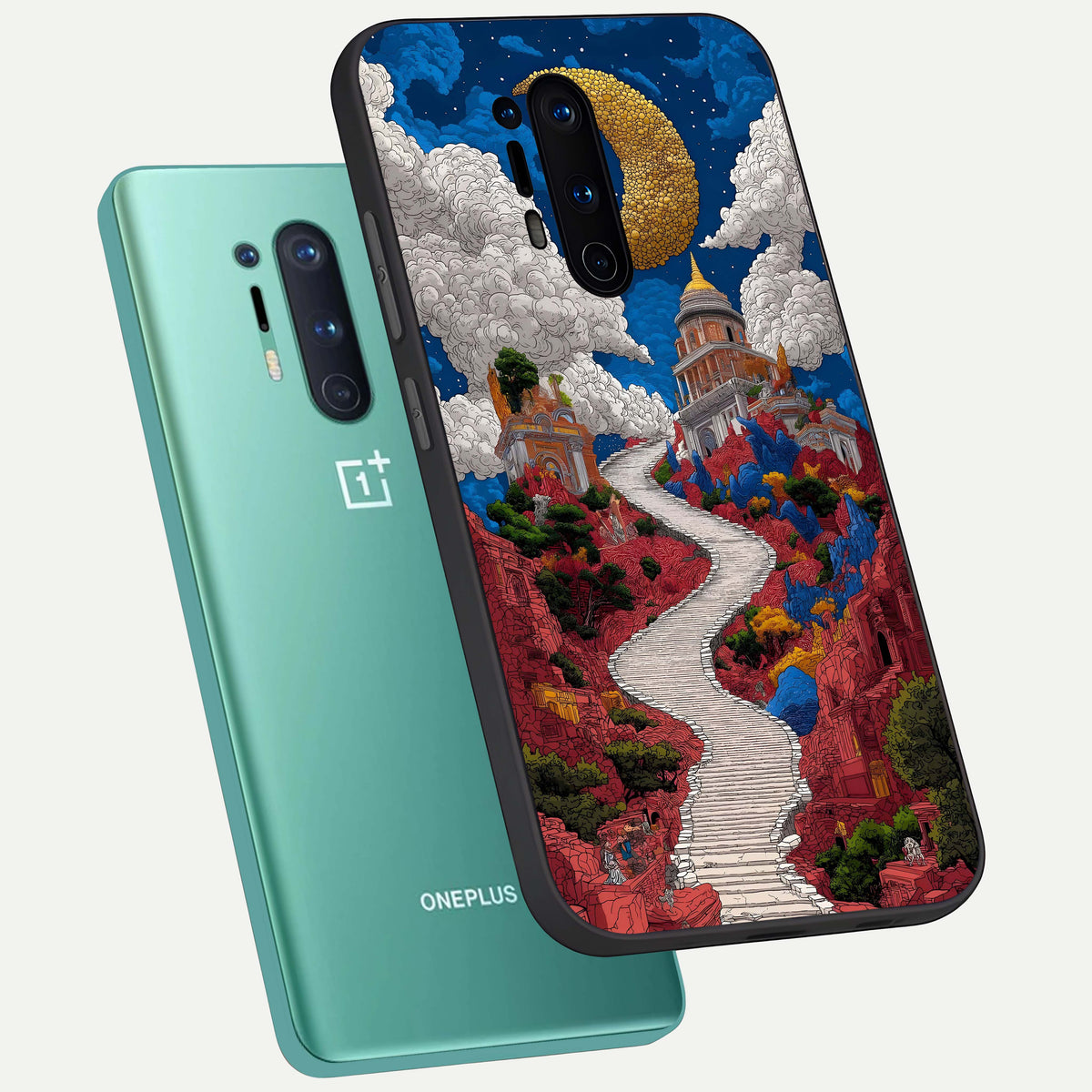  Heavenly Moon Path phone case For OnePlus 8 Pro showing premium glass back cover with detailed artwork