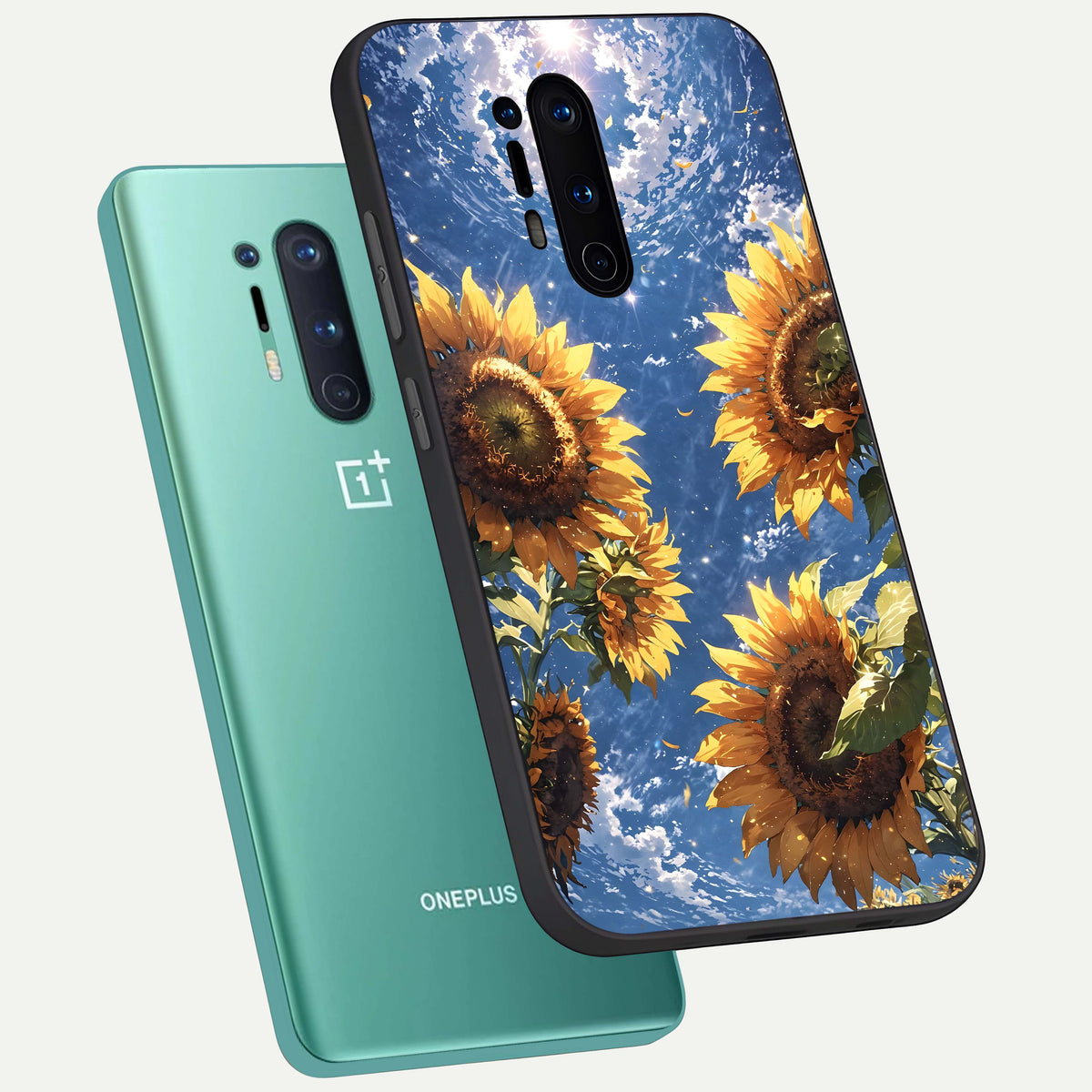  Heavenly Sunflower Rise phone case For OnePlus 8 Pro showing premium glass back cover with detailed artwork