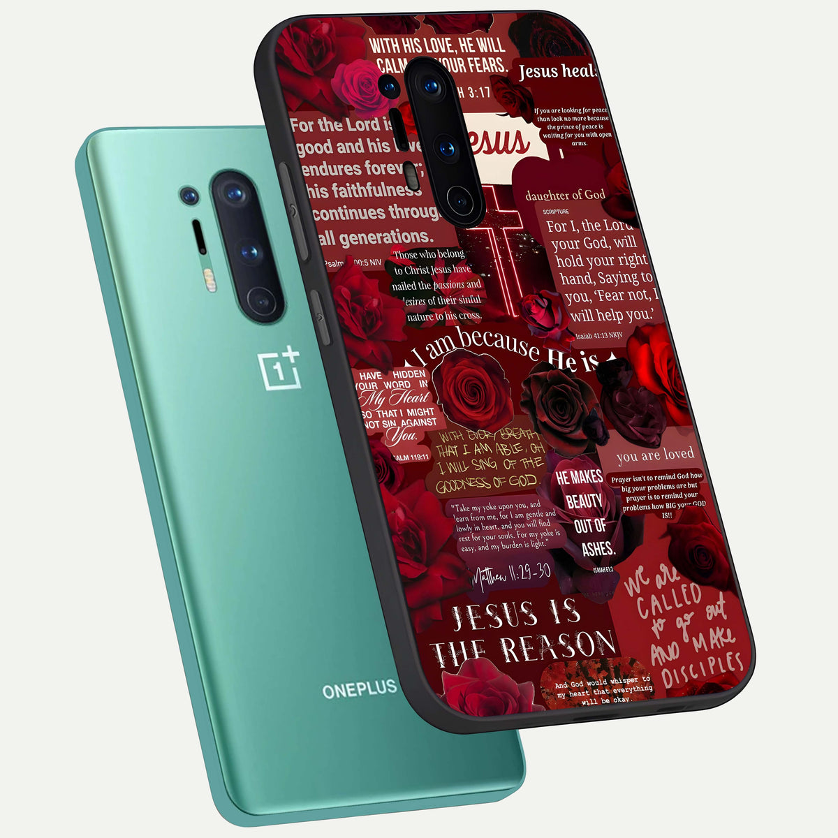  Jesus Love Heals phone case For OnePlus 8 Pro showing premium glass back cover with detailed artwork