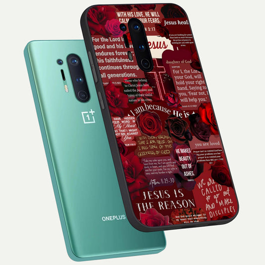  Jesus Love Heals phone case For OnePlus 8 Pro showing premium glass back cover with detailed artwork