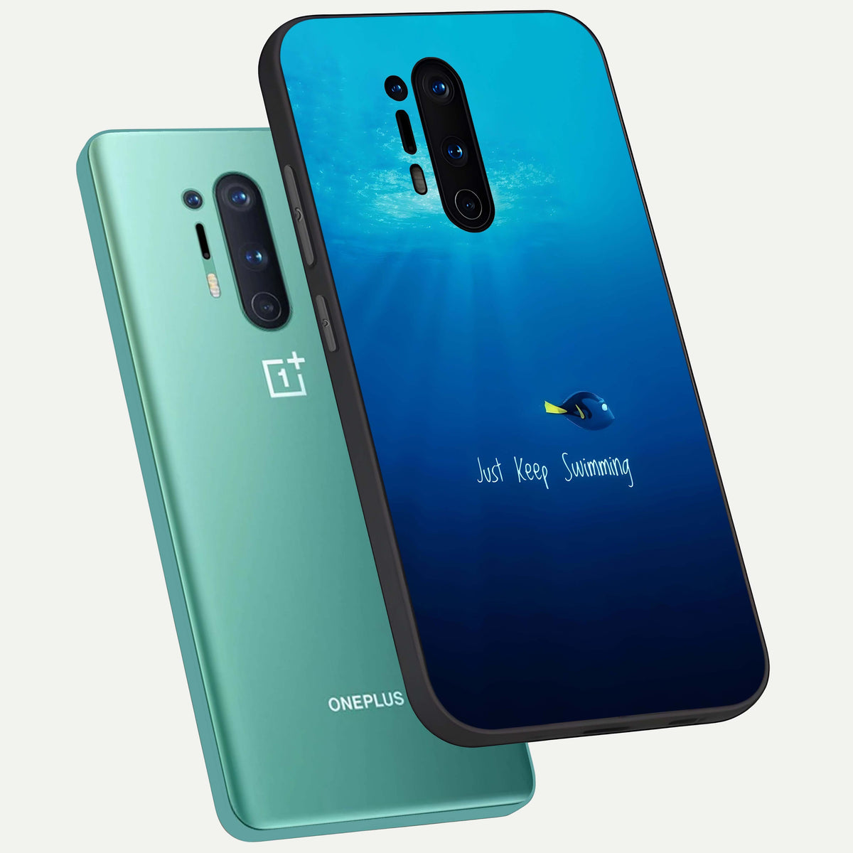  Just Keep Swimming phone case For OnePlus 8 Pro showing premium glass back cover with detailed artwork