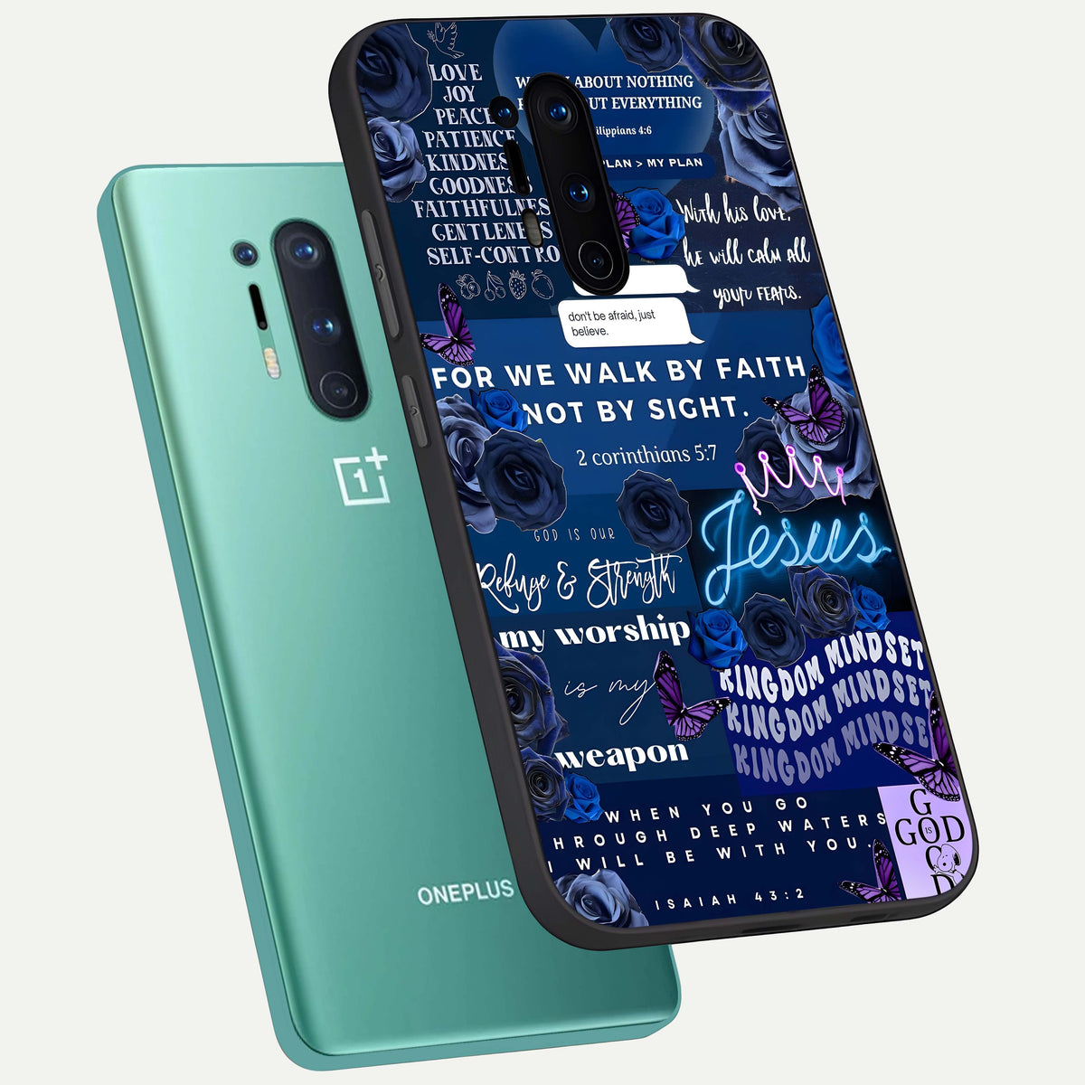  Kingdom Faith Glow phone case For OnePlus 8 Pro showing premium glass back cover with detailed artwork