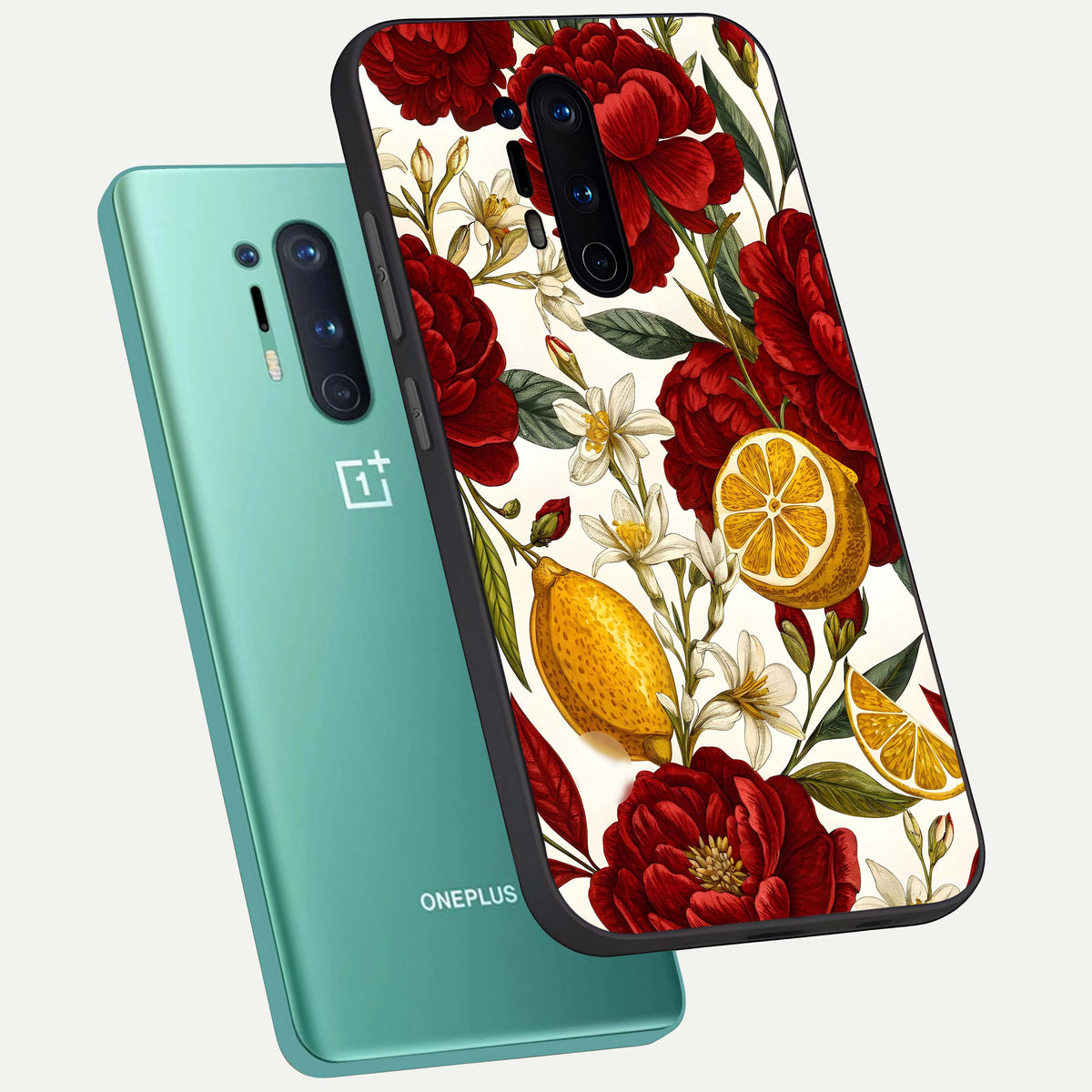  Lemon Rose Charm phone case For OnePlus 8 Pro showing premium glass back cover with detailed artwork