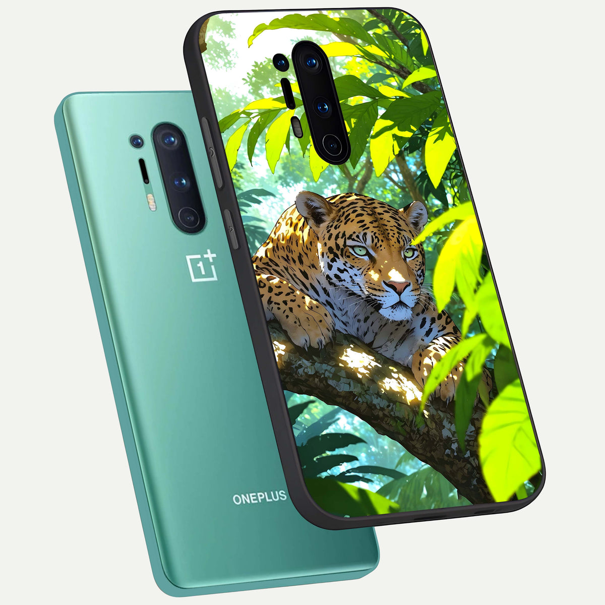  Leopard in Jungle phone case For OnePlus 8 Pro showing premium glass back cover with detailed artwork