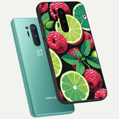  Lime and Raspberry Pattern phone case For OnePlus 8 Pro showing premium glass back cover with detailed artwork