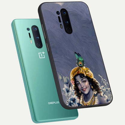  Lord Krishna phone case For OnePlus 8 Pro showing premium glass back cover with detailed artwork