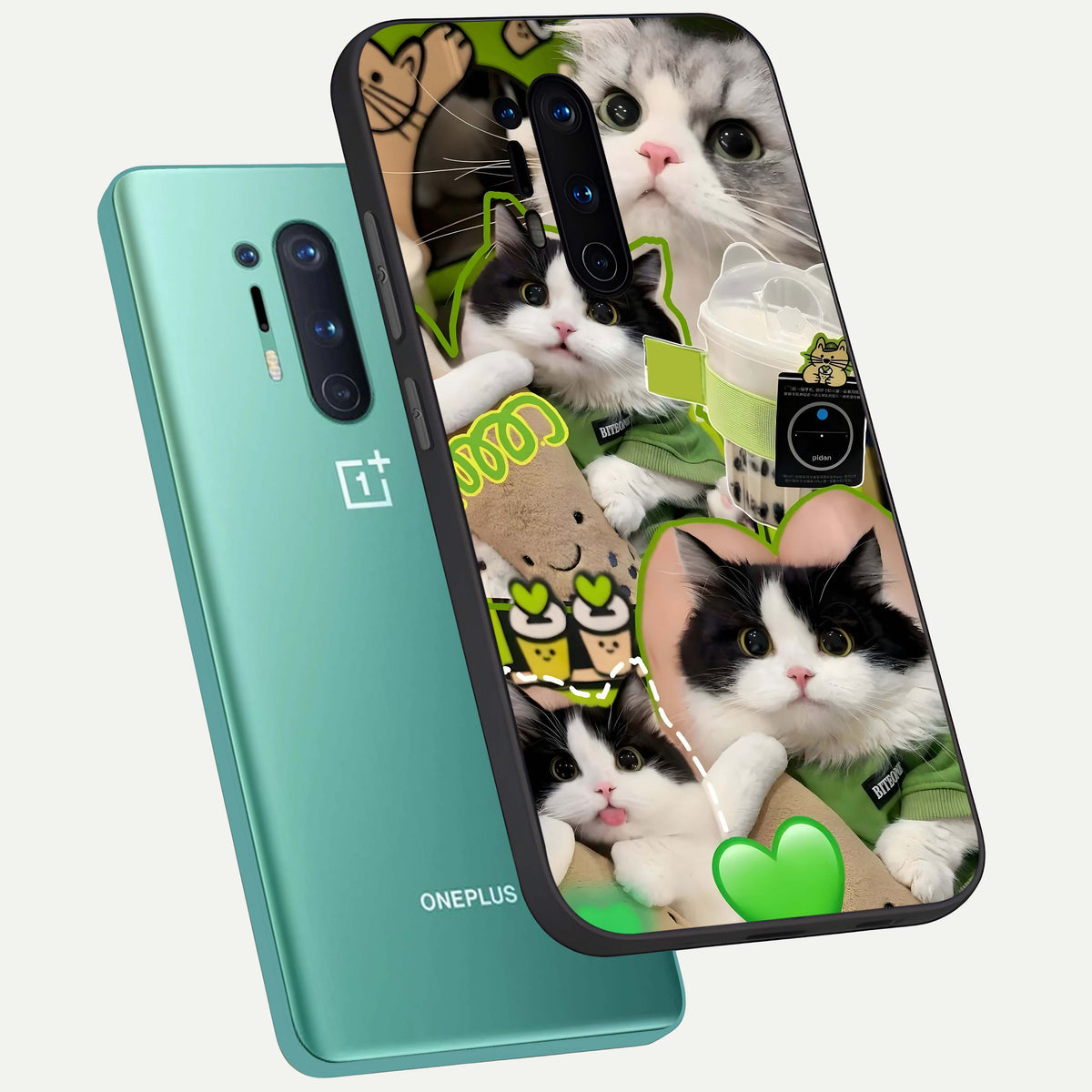  Matcha Cats Mood phone case For OnePlus 8 Pro showing premium glass back cover with detailed artwork
