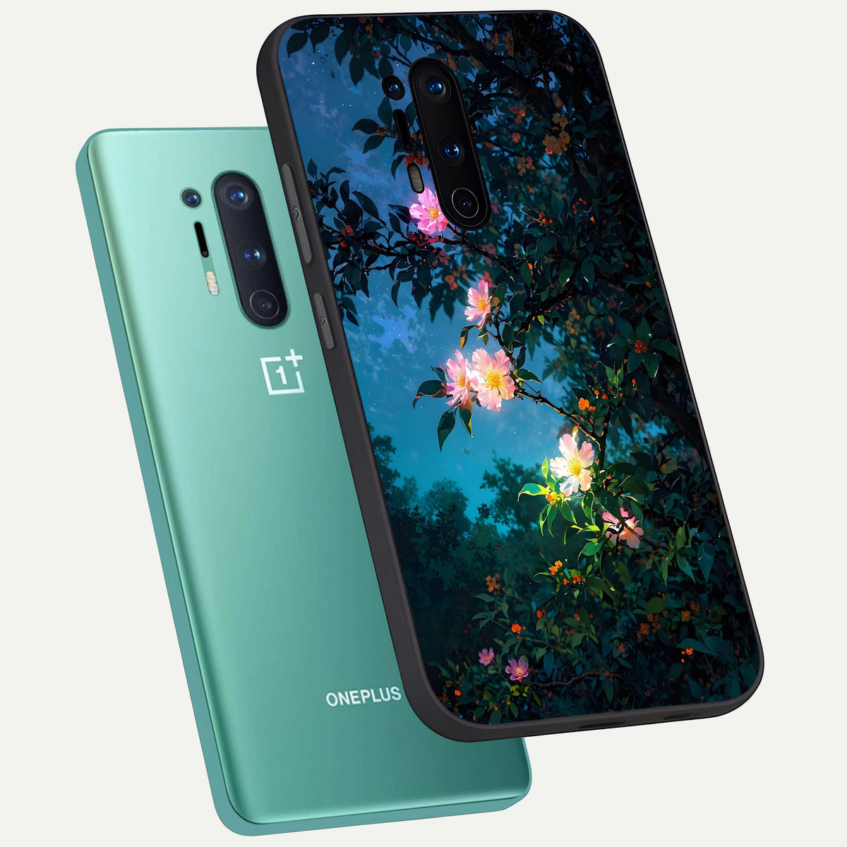  Midnight Bloom Glow phone case For OnePlus 8 Pro showing premium glass back cover with detailed artwork