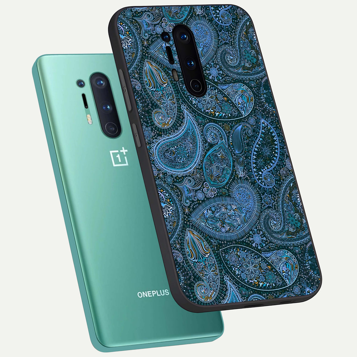  Midnight Paisley Glow phone case For OnePlus 8 Pro showing premium glass back cover with detailed artwork