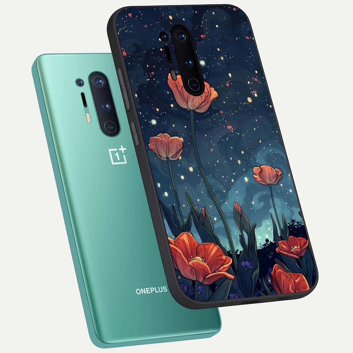  Midnight Tulip Glow phone case For OnePlus 8 Pro showing premium glass back cover with detailed artwork