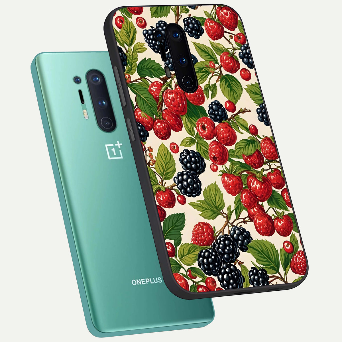  Mixed Berry Collage phone case For OnePlus 8 Pro showing premium glass back cover with detailed artwork