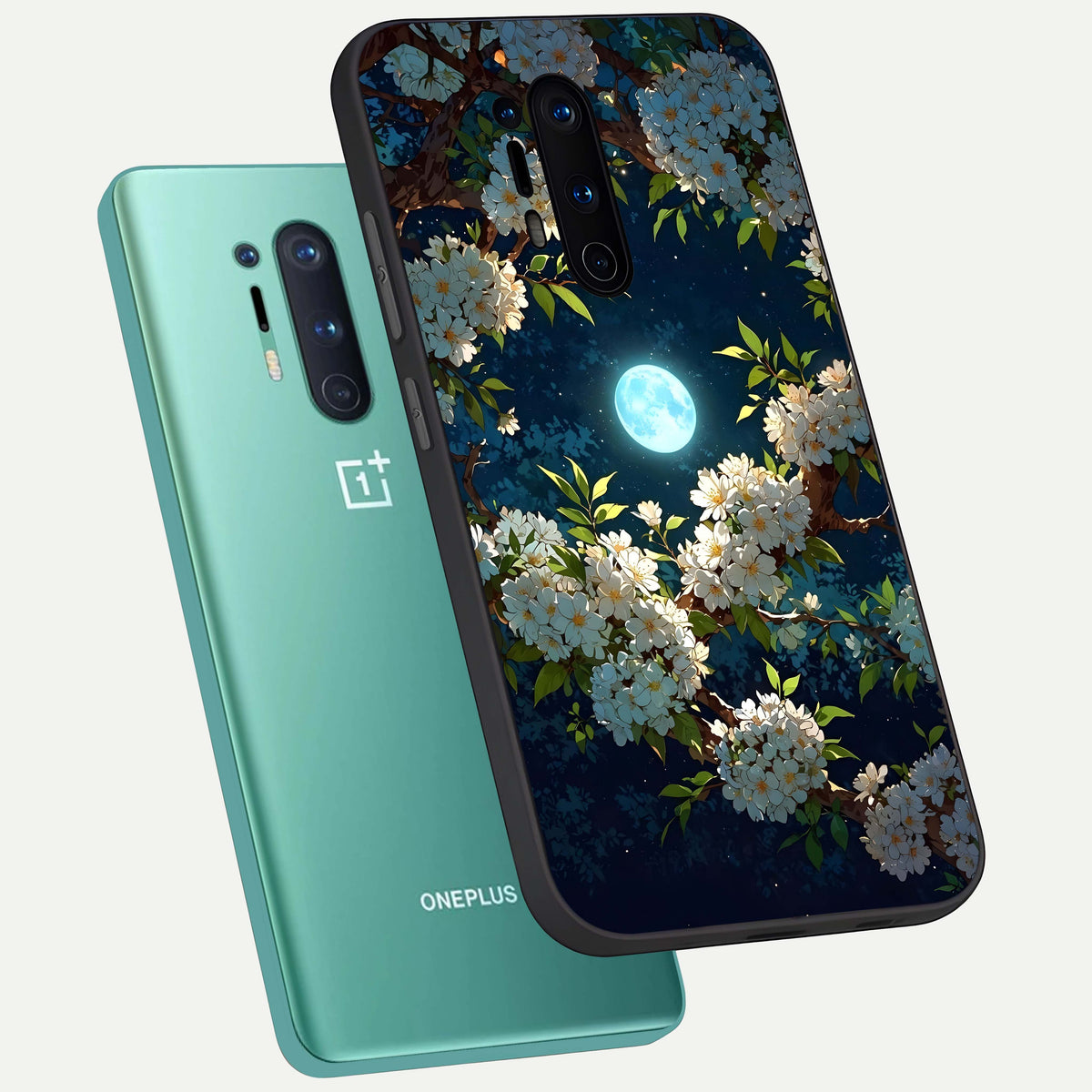 Moonlit Blossom Dream phone case For OnePlus 8 Pro showing premium glass back cover with detailed artwork