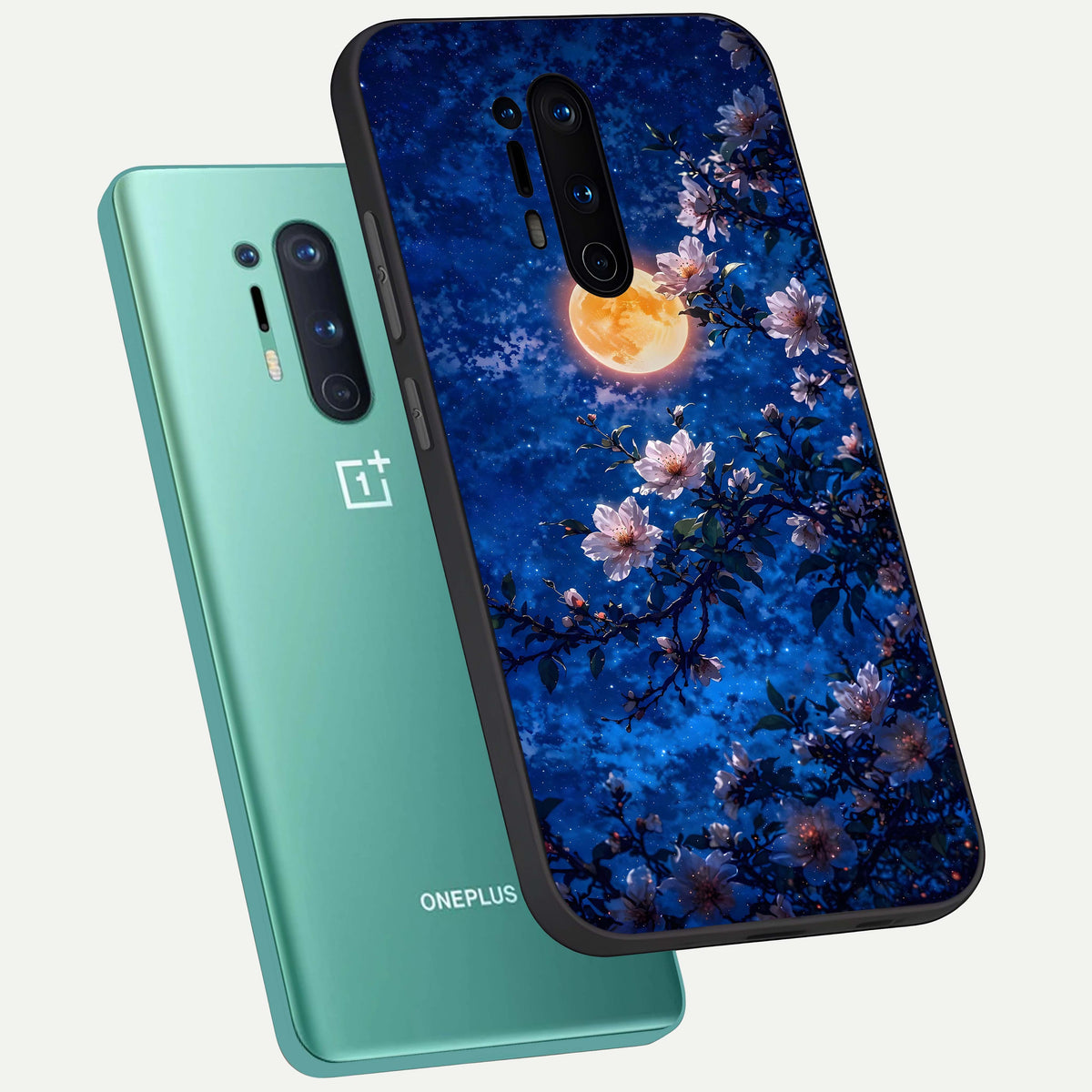  Moonlit Blossoms Night phone case For OnePlus 8 Pro showing premium glass back cover with detailed artwork
