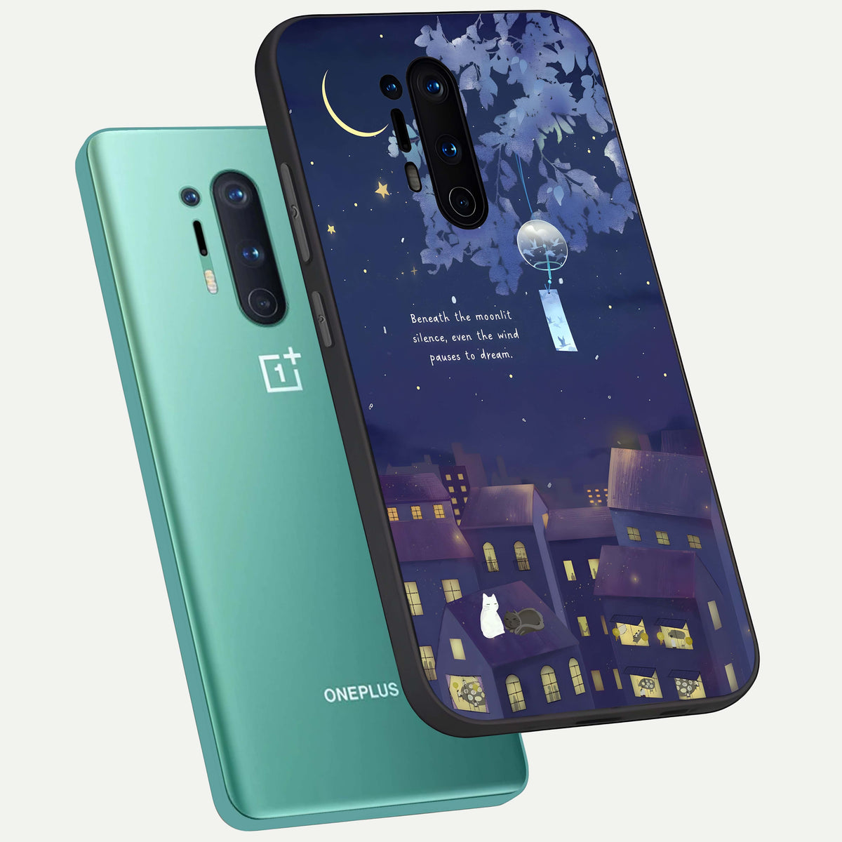  Moonlit Cat Silence phone case For OnePlus 8 Pro showing premium glass back cover with detailed artwork