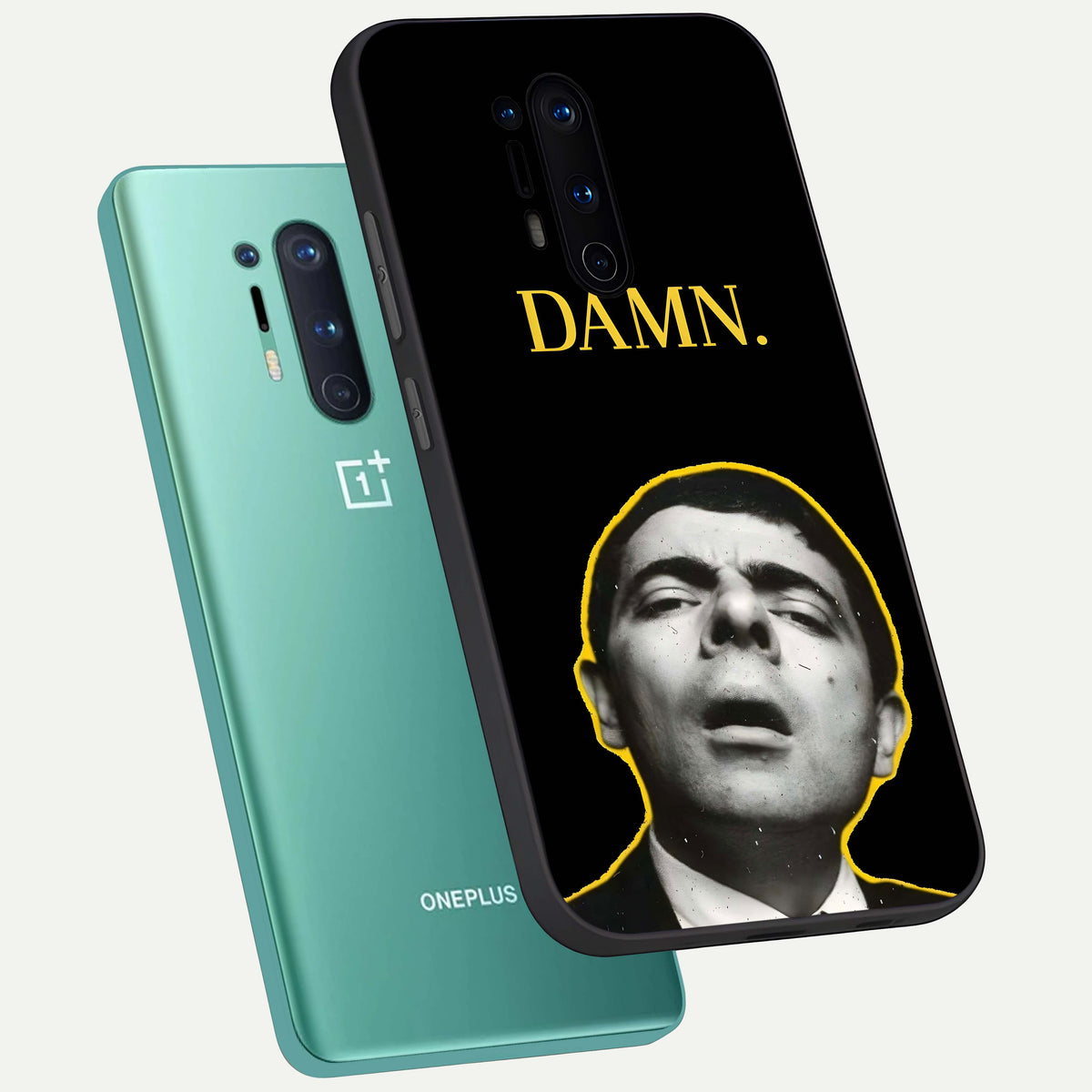  Mr Bean Damn phone case For OnePlus 8 Pro showing premium glass back cover with detailed artwork