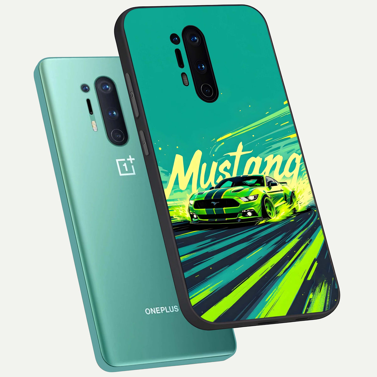  Mustang Bang phone case For OnePlus 8 Pro showing premium glass back cover with detailed artwork