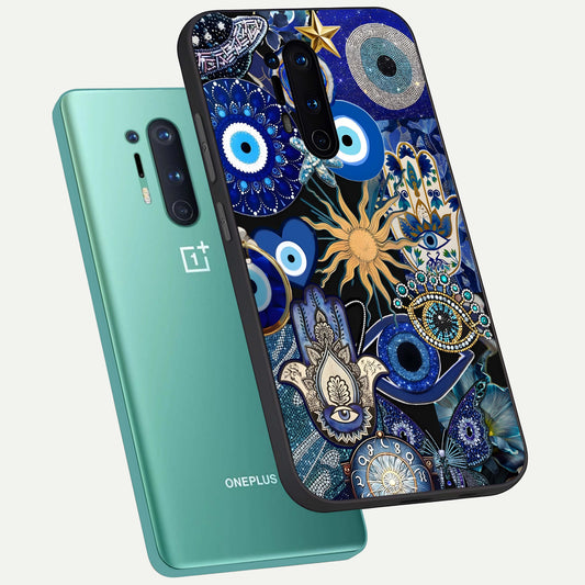  Mystic Blue Evil Eye phone case For OnePlus 8 Pro showing premium glass back cover with detailed artwork