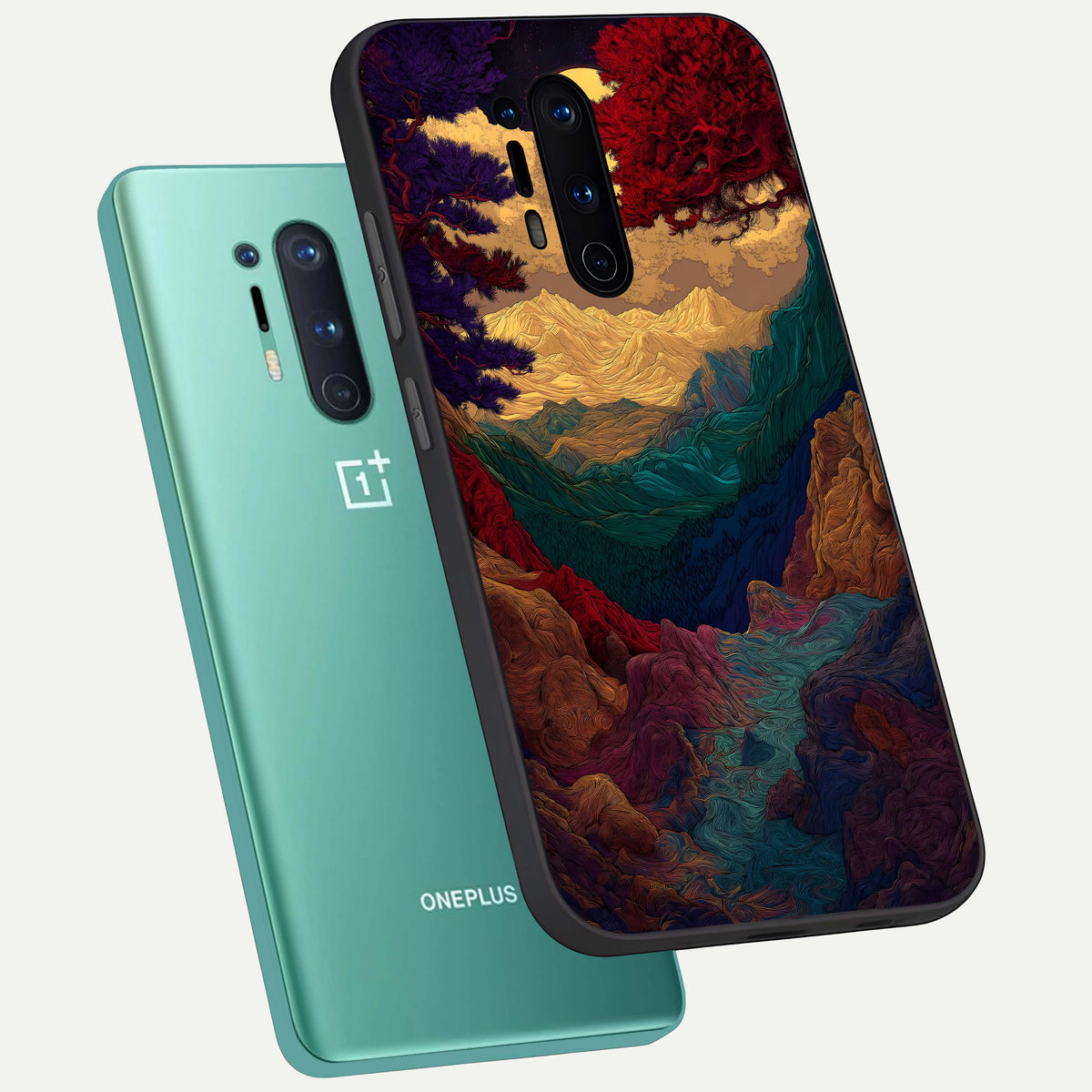  Mystic Valley Light phone case For OnePlus 8 Pro showing premium glass back cover with detailed artwork