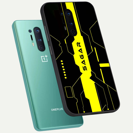  Neon CYBERPUNK Custom Name phone case For OnePlus 8 Pro showing premium glass back cover with detailed artwork