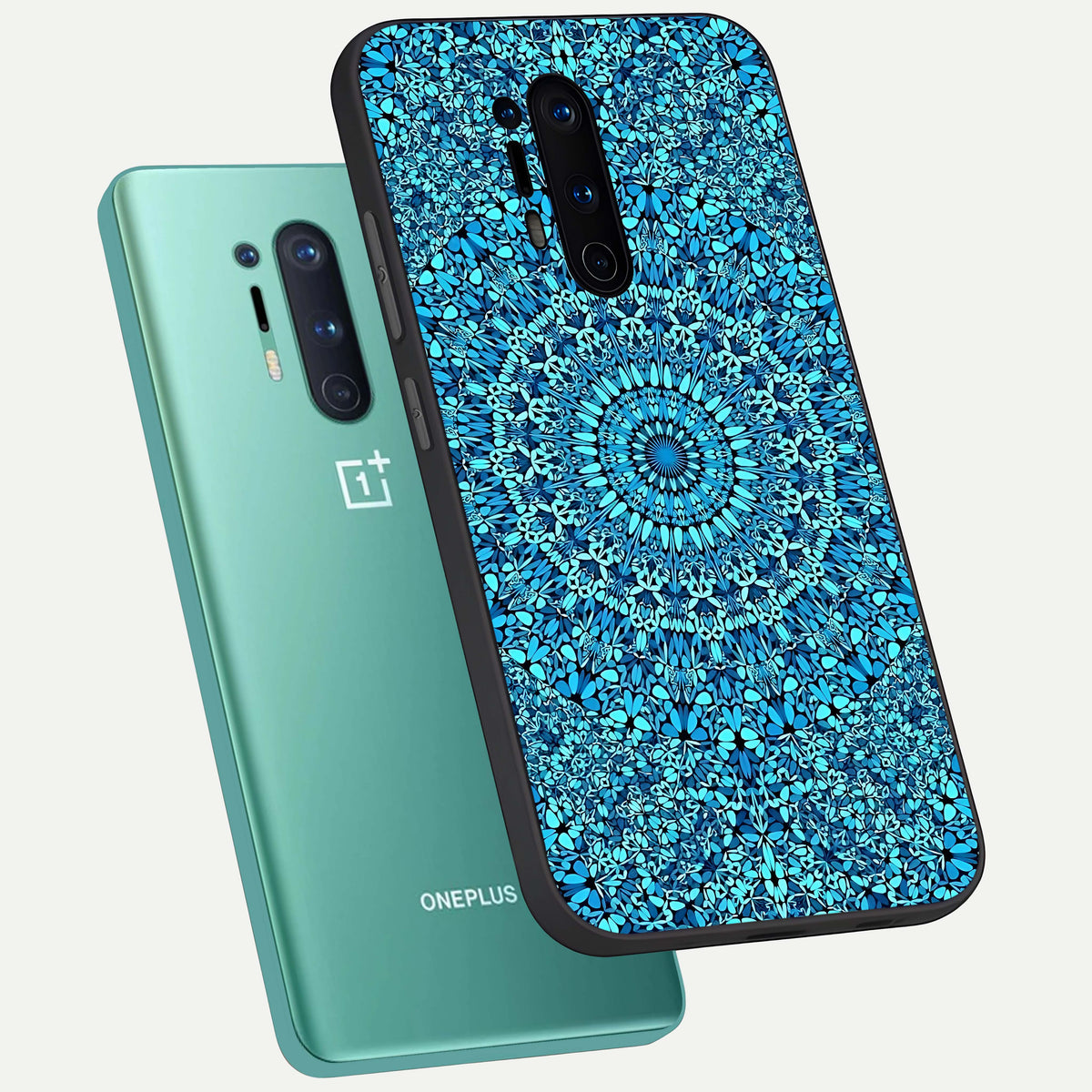  Ocean Bloom Mandala phone case For OnePlus 8 Pro showing premium glass back cover with detailed artwork