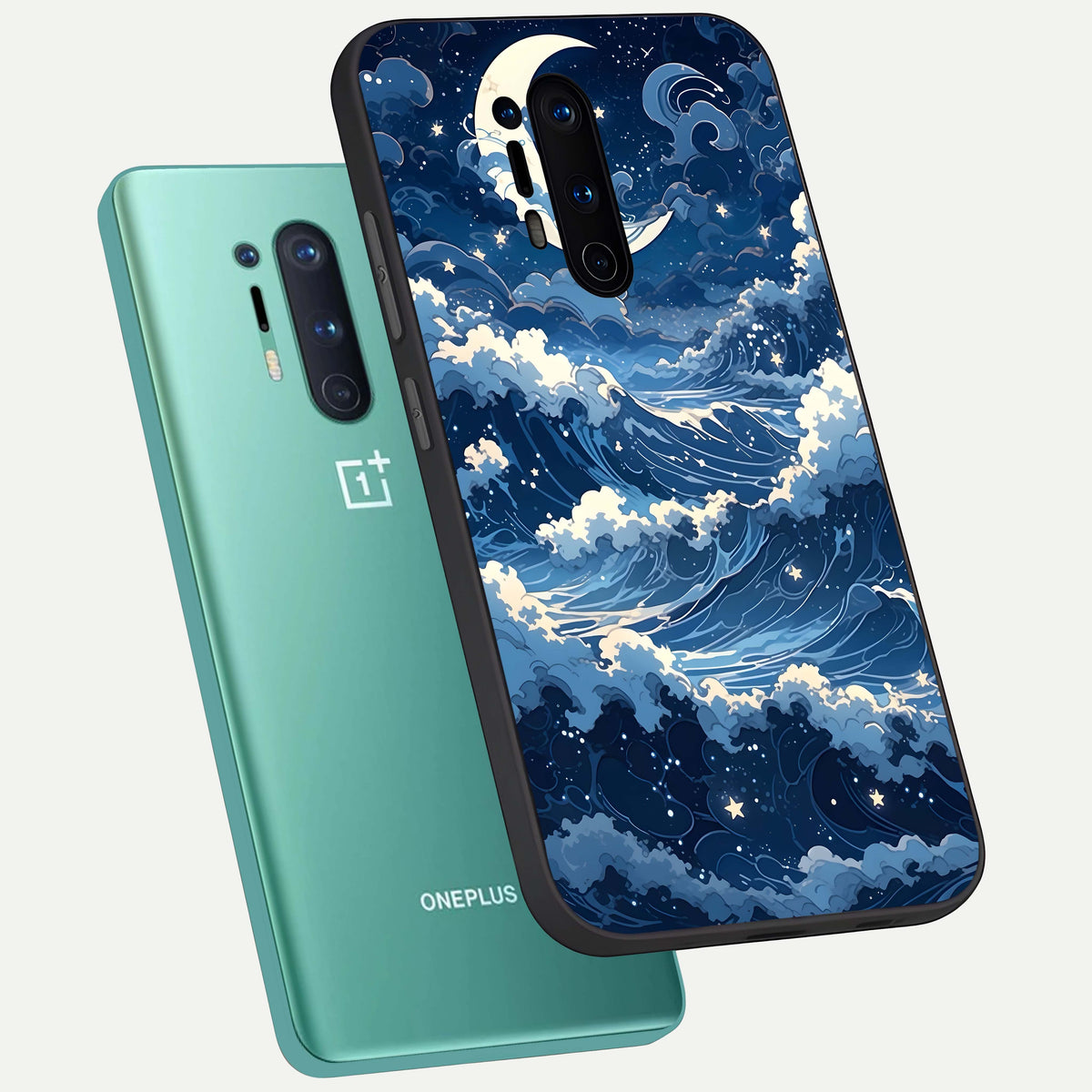  Ocean Moon Waves phone case For OnePlus 8 Pro showing premium glass back cover with detailed artwork
