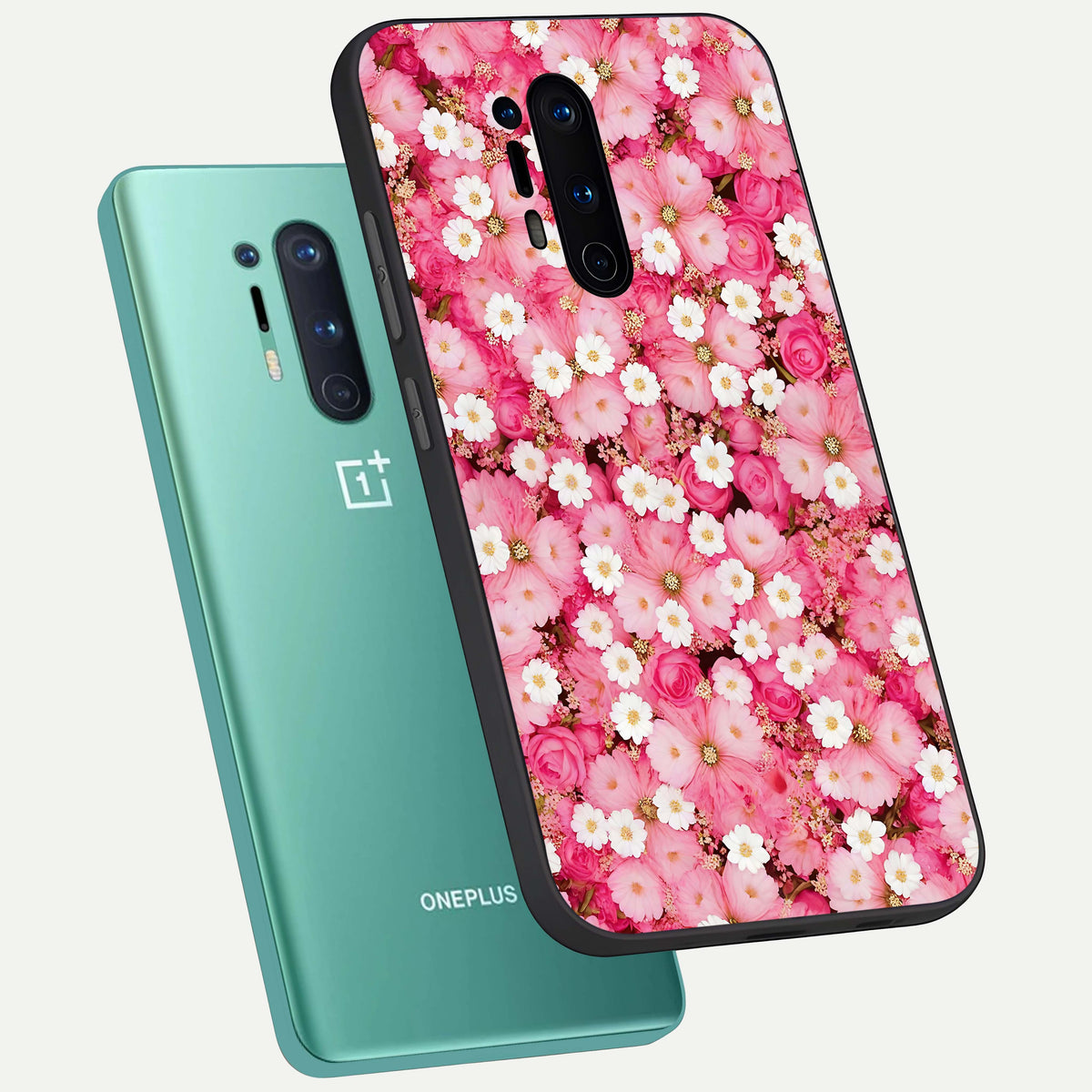  Pink Daisy Bliss phone case For OnePlus 8 Pro showing premium glass back cover with detailed artwork