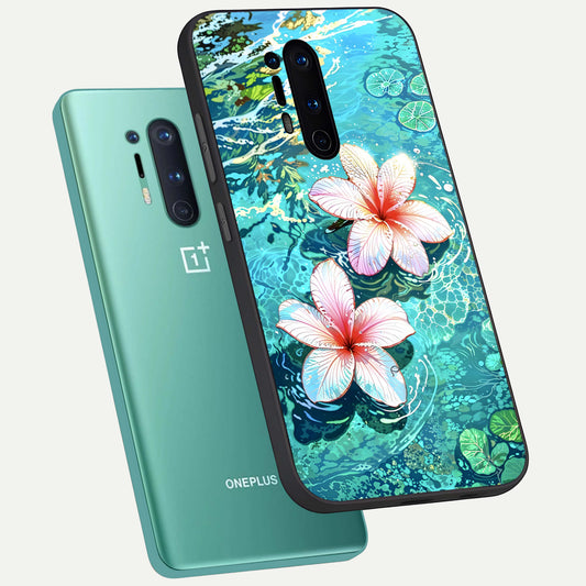  Pink Flowers in Water phone case For OnePlus 8 Pro showing premium glass back cover with detailed artwork