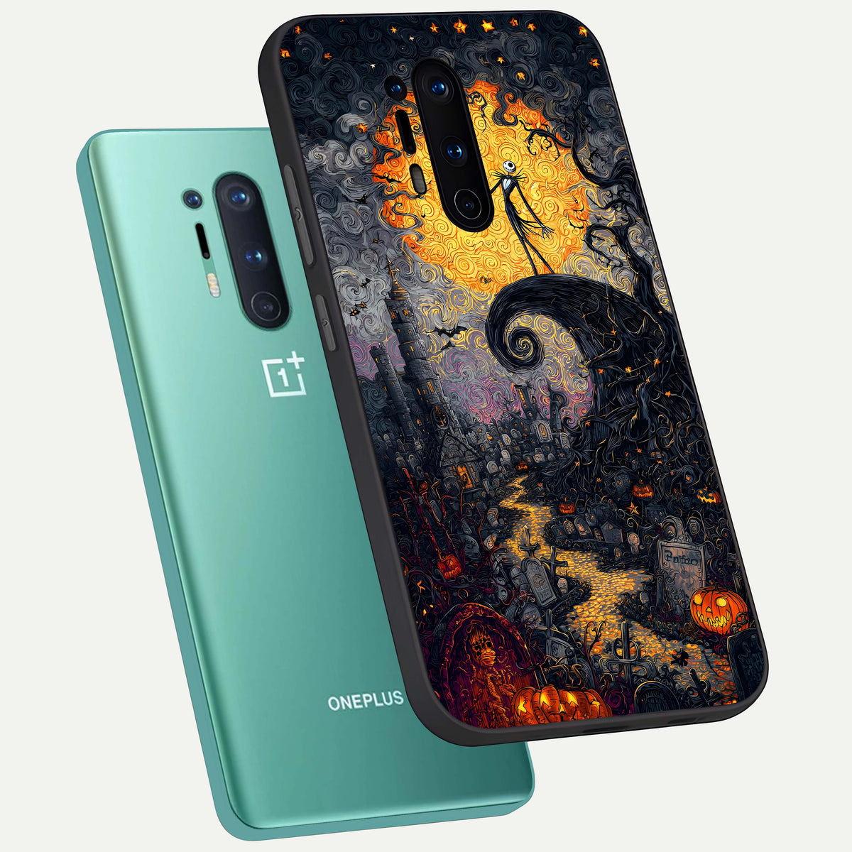  Pumpkin Moon Night phone case For OnePlus 8 Pro showing premium glass back cover with detailed artwork