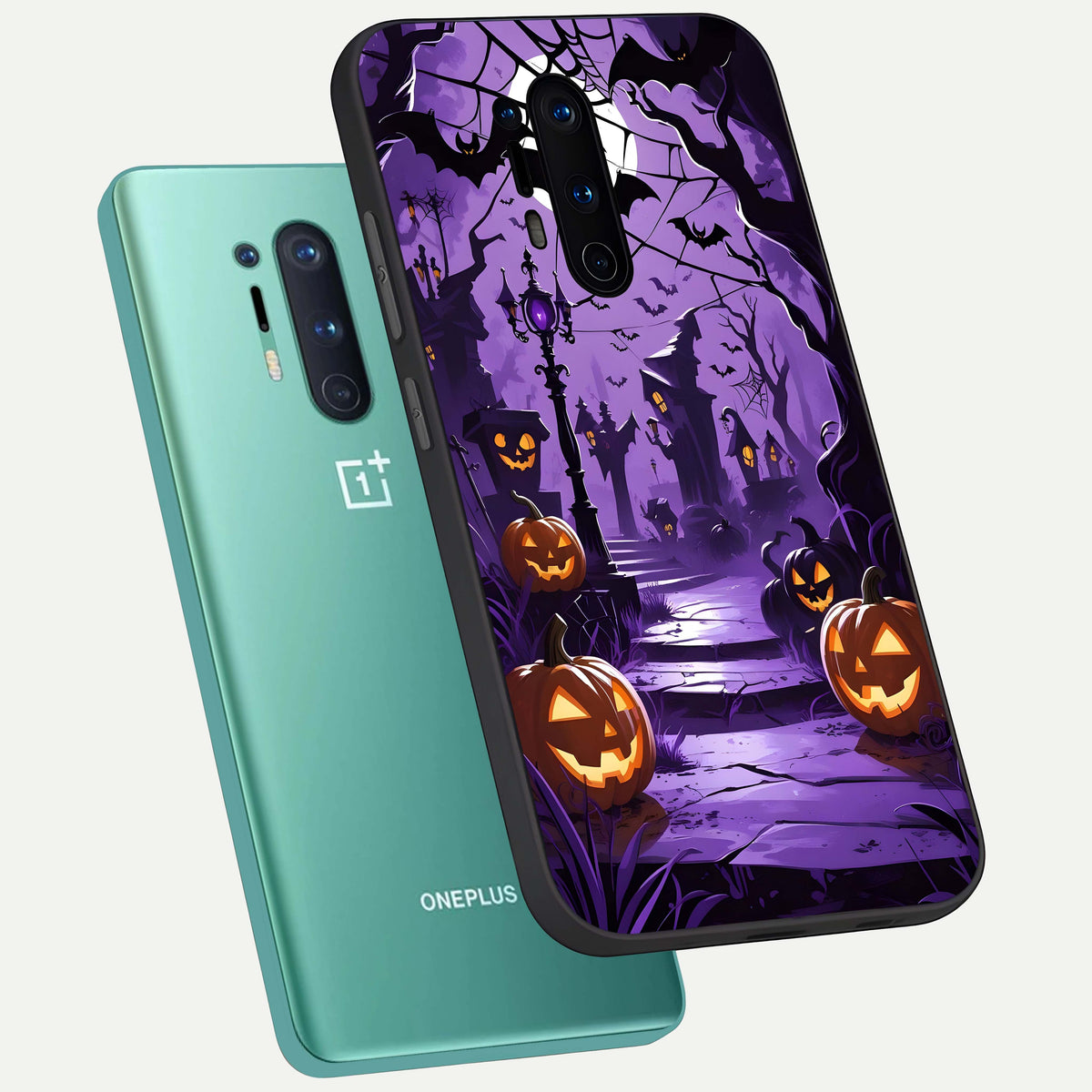  Pumpkin Patch Halloween phone case For OnePlus 8 Pro showing premium glass back cover with detailed artwork