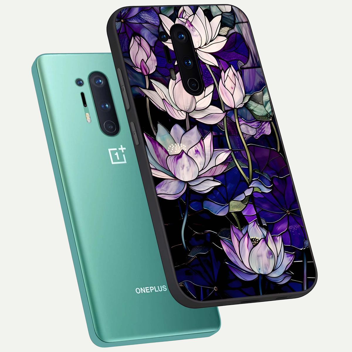  Purple Lotus Pattern phone case For OnePlus 8 Pro showing premium glass back cover with detailed artwork