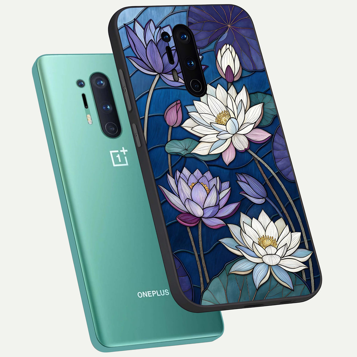  Purple Lotus Stained phone case For OnePlus 8 Pro showing premium glass back cover with detailed artwork