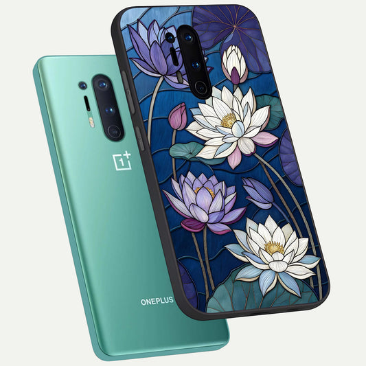  Purple Lotus Stained phone case For OnePlus 8 Pro showing premium glass back cover with detailed artwork