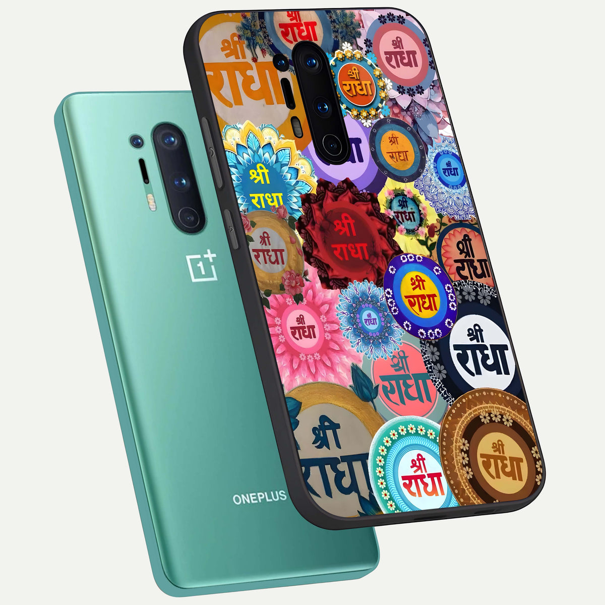  Radha Divine Bloom phone case For OnePlus 8 Pro showing premium glass back cover with detailed artwork