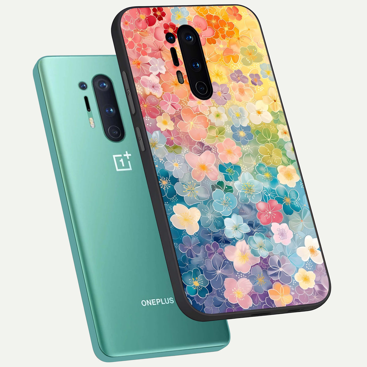  Rainbow Blossom Burst phone case For OnePlus 8 Pro showing premium glass back cover with detailed artwork